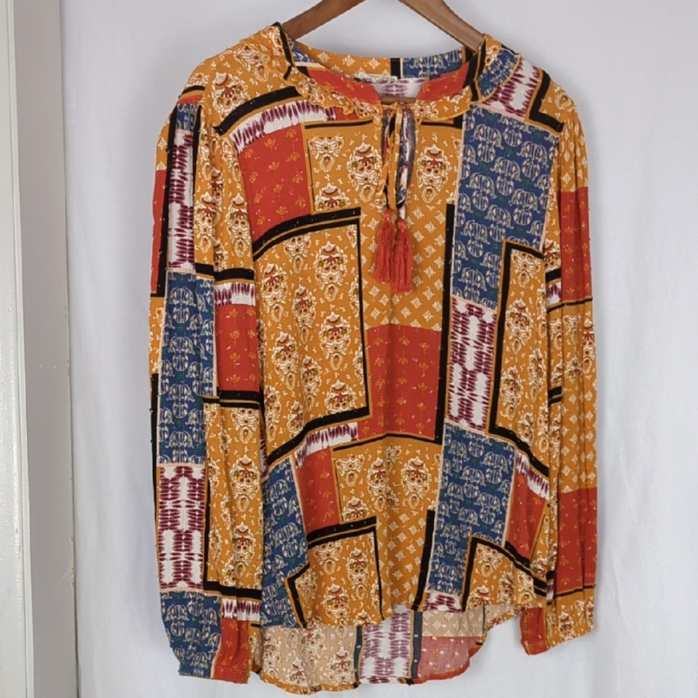 CLOTH & PORTRAIT Bohemian Patchwork Long Sleeve Peasant Blouse